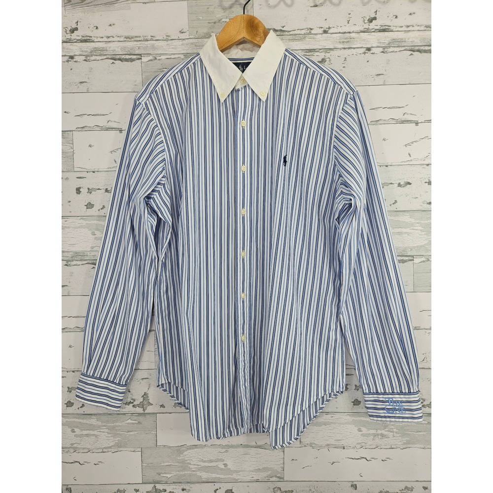 Ralph Lauren Classic Fit Blue White Striped Shirt Mens M Contrast Collar Cotton